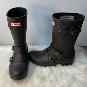 HUNTER Black Double Buckle Biker Rain Boot